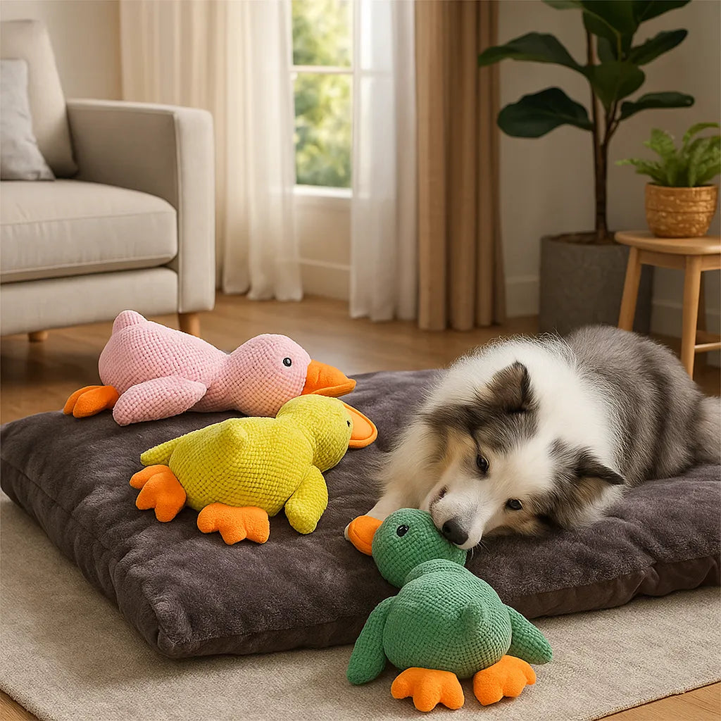 Chien portant le canard couineur en peluche
